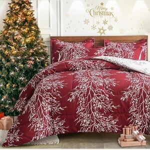 Burgundy Holiday Reversible 7PC Comforter Set-King Size-Great Condition🎄